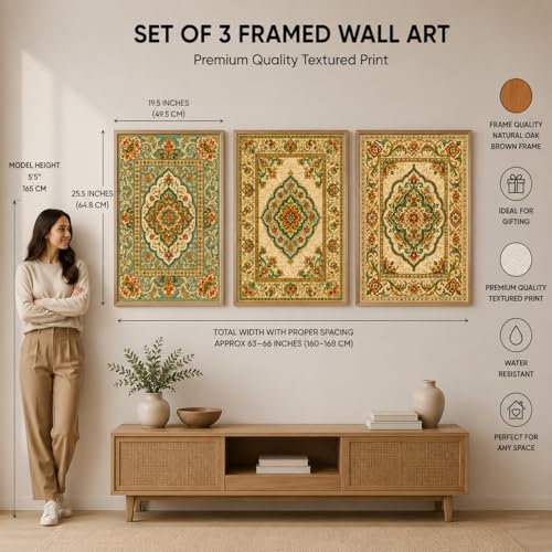 Image of Livin'luxe Set of 3 Vintage Persian Pattern Wall Paintings for Living Room Bedroom Hallway Home Decor with Premium Wooden Color Synthetic Frame (25.5 x 19.5 Inch) NM03-69