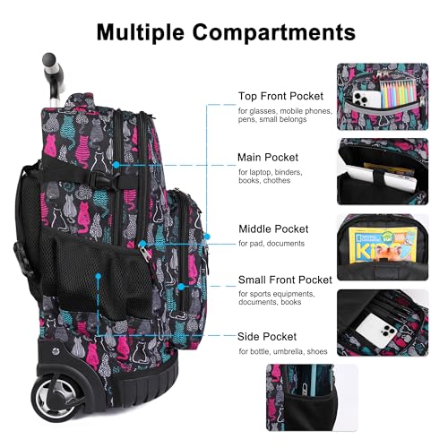 Image of Rolling Backpack 19 inch Wheeled Boys Girls Travel School Student Trip, Cat Black, 35 liters