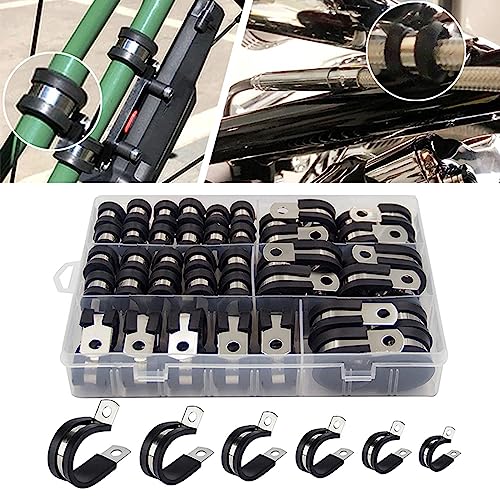 52pcs P Clips Hose Clamp Cable Clamps Assortment Kit,6 Sizes 1/4" 5/16" 3/8" 1/2" 5/8" 3/4" Rubber Lined Pipe Clamps,304 Stainless Steel-To Bundle Clamp Protect Wires Pipes Cables