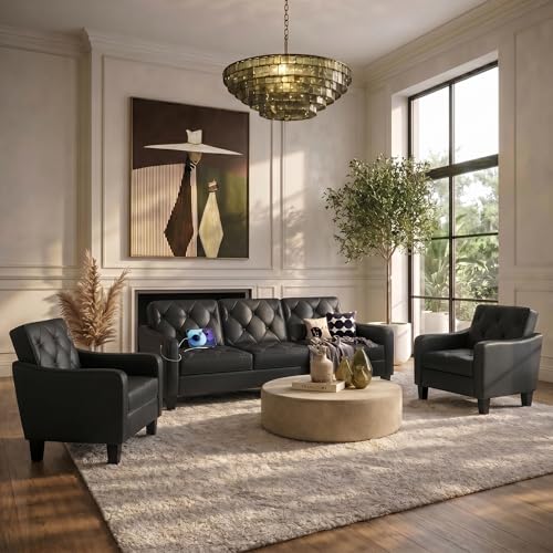 Image of STHOUYN Living Room Furniture Set USB Charging Port, 3-Piece Sofa Set with 2 Accent Chairs & 3-Seat Couch, Black Faux Leather Couch Diamond Tufting, Modern Living Room Sets Home & Office