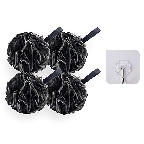 Ga-Geetopia Shower Bath Sponge - 4 Pack Shower Loofah Pouf Balls with Extra Wall Hook for Body Wash Bathroom Men Women, Durable Body Scrubber Exfoliator, Shower Essential Skin Care, (XL, Black)
