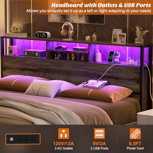 Image of Aheaplus Headboard for King Size Bed with Storage, Headboards with Outlets | King Size Head Board Only, USB Ports and LED Light, Height Adjustable, Reversible, Sturdy and Stable Headboard, Black Oak