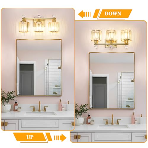 Image of Lxybcce Modern Crystal Bathroom Vanity Light, Gold Bathroom Lighting Fixture, Crystal Brass Vanity Light Fixture Over Mirror, Bath Wall Mounted Lighting for Bedroom, Living Room