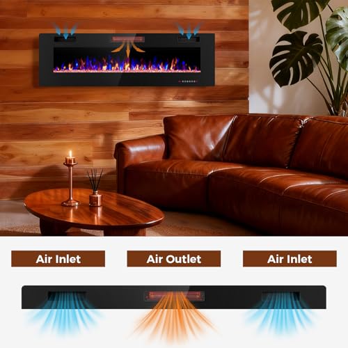 Image of Electactic 60 Inch Electric Fireplace Insert Ultra-Thin - Recessed & Wall-Mounted Fireplace Heater with Thermostat, Adjustable Flame, Remote Control - Linear with Timer, Touch Screen, 750 /1500W