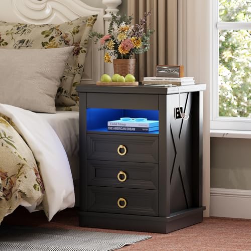 Gurexl Vintage Table de Chevet avec Tiroir Caché et Fonction de Chargement,Table de Nuit avrc lumières LED et Capteur Intelligent,Commode en Bois avec 4...