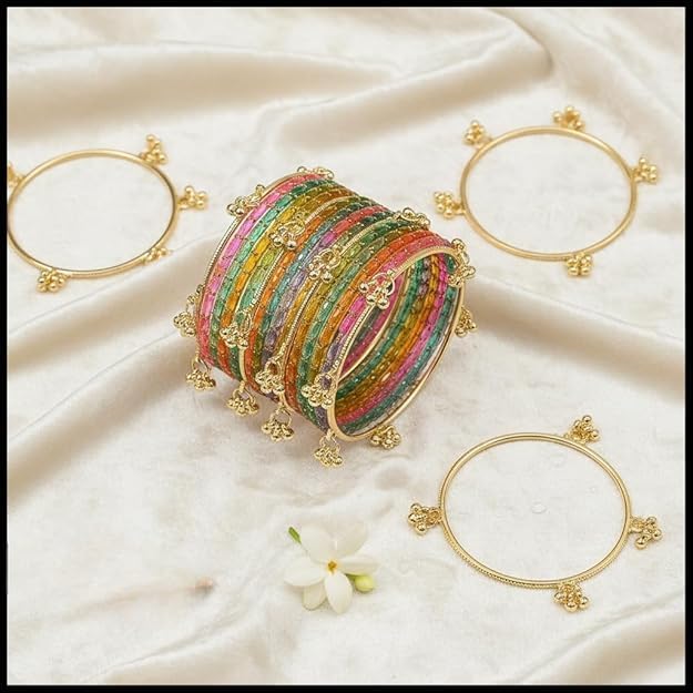 Image of Kashmiri Ghangharoo Glass Bangle Set for Women| Light Weight Bangles | Traditional Transparent Fancy Glass Chudi Set for Wedding, Party(Set Of 18)