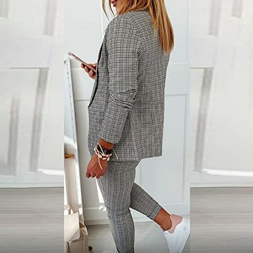 Wahoho 2 Piece Plaid Outfits For Women Business Casual Blazer Open Front Sets Long Sleeve Jacket Office Work Elastic Pant Suits Set, Black, X-Large #TOP2