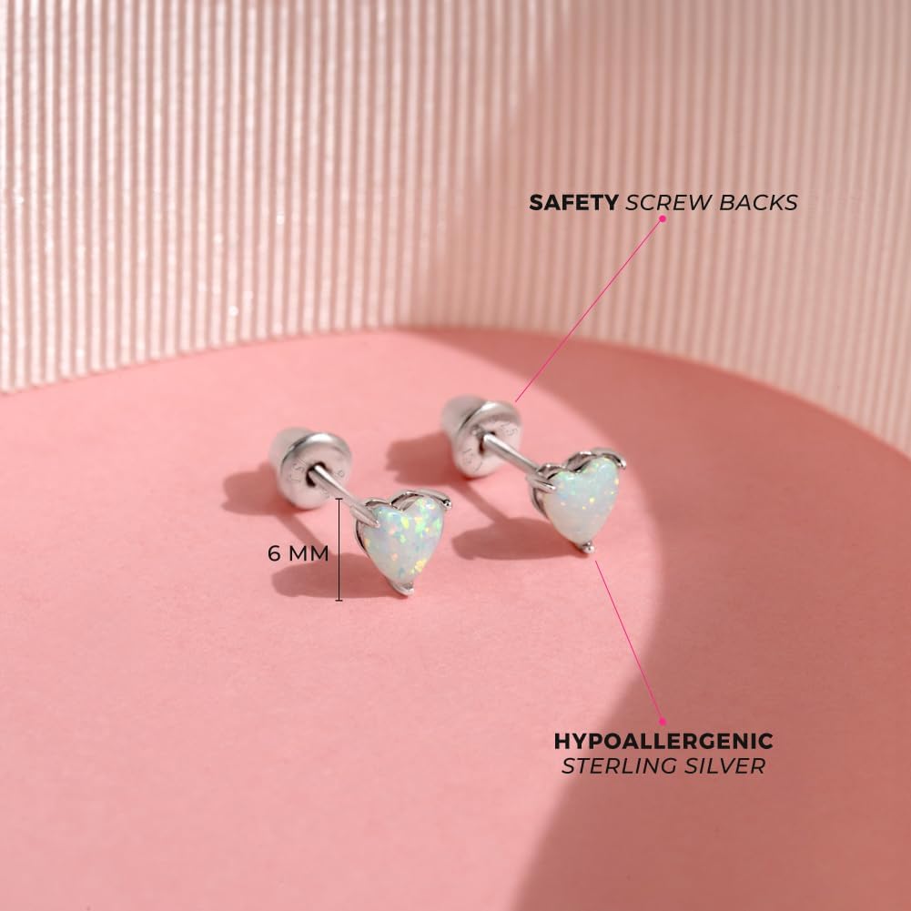 925 Sterling Silver Simulated Opal Prong Set Heart Safety Screw Back Earrings For Toddlers and Little Girls - Iridescent Heart Shaped Screw Back Earrings For Young Girls - Image 4