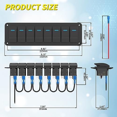 Image of Joinfworld 8 Gang Rocker Switch Panel Waterproof 12V Blue LED Light Bar Switch Panel 12 Volt Rocker Toggle Switch 3 Pin ON /Off with Pre-Wired for Boat Marine Automotive Car Truck RV UTV