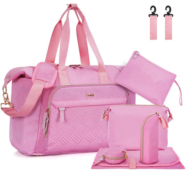 7pcs Diaper Bag Tote, Large Mommy Travel Diaper bags, Baby Diaper Tote Bag for Mom Hospital Baby, Pink