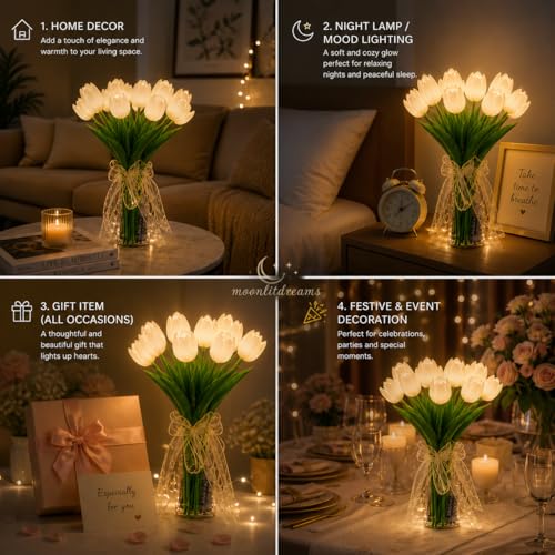 Image of MoonlitDreams Artificial White Tulip Flower Lamp with LED Lights, 5 Tulip Bouquet Night Light for Bedroom Decor | Battery Operated Aesthetic Room Decor Gift