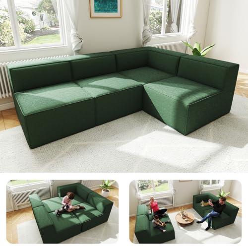 KOBY HOME 97" Sectional Compressed Sofa Modular Couches,High-Density Foam No Assembly Required,3-Piece(1xCorner 3xArmless) for Living Room, Chenille Green