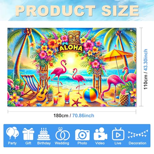 Image of BlissYard Hawaiian Party Decorations Banner 71 x 43 Inch Aloha Backdrop with Flamingo Tiki Totem Palm Tree, Luau Party Decorations Beach Photo Booth Background for Summer Aloha Decor