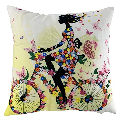 Spring Girl Bicycle Butterfly Flower Throw Pillow Covers Pillowcase Zippered Square Decorative Cushion Cases 18X18 Inches For Couch Sofa Chair Car Bedroom Living Room (Only Pillowcase, No Insert) #TOP7