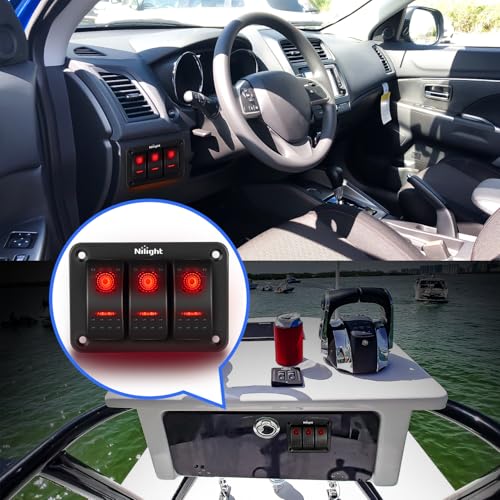Image of Nilight - 90019C 3 Gang Aluminum Rocker Switch Panel Toggle Dash 5 Pin ON /Off Pre-Wired Rocker Switch Red Backlit Switch for Automotive Car Marine Boat RV,2 Years Warranty