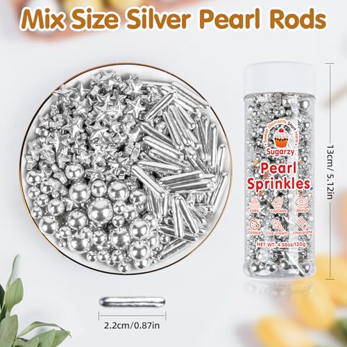 Image of Silver Pearl Sprinkles for Cake Decorating,130g,Edible Stars Rods Sprinkle,Mix Size,Baking Cake Decorations,Cupcake Toppers,Cookie Donuts Ice Cream,Birthday Wedding Mother's Day Party Supplies