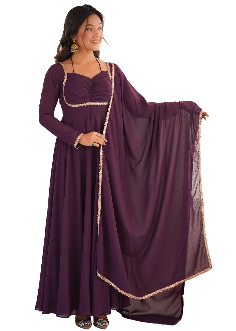 Women’s Georgette Anarkali Gown with Dupatta Set - Full Length Flared Dress with Long Sleeves & Sequin Lace Border for Wedding Festive Occasion-image-39