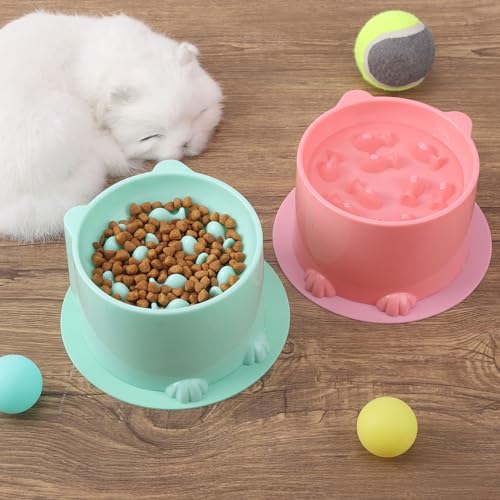 2Stück Anti Schling Napf Katze Erhöht, Antischlingnapf Mit Anti Rutsch Matte für Katzen und Kleine Hunde, Slow Feeder für Nassfutter