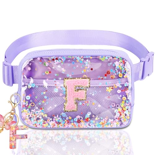 Image of Initial Fanny Pack for Girls - Belt Bag for Teens Kid Teen Girl Kid Birthday Gift Clear Purple F