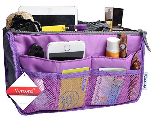 Vercord Purse Organizer Insert for Handbags Bag Organizers Inside Tote Pocketbook Women Nurse Nylon 13 Pockets Purple Large