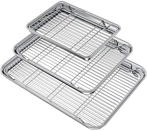 Wildone Baking Sheet with Rack Set (3 Pans + 3 Racks), Stainless Steel Baking Pan Cookie Sheet with Cooling Rack, Non Toxic & Heavy Duty & Easy Clean