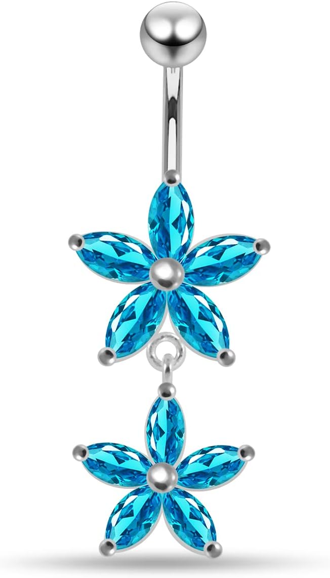 Stylish Double 5 Petals Flower Dangling Design 925 Sterling Silver with Stainless Steel Belly Ring - Belly Button jewelry - Navel jewelry