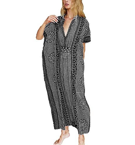 Vestido largo caftán de mujer con cuello en V y un colorido estampado étnico casual