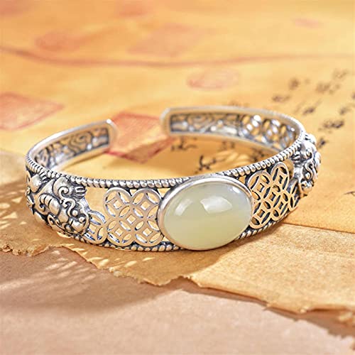 Bransoletka damska z intarsjowanym jadeitem hetian S925 z pustym wzorem w stylu retro, otwarta, damska, bransoletka damska,B-925 silver
