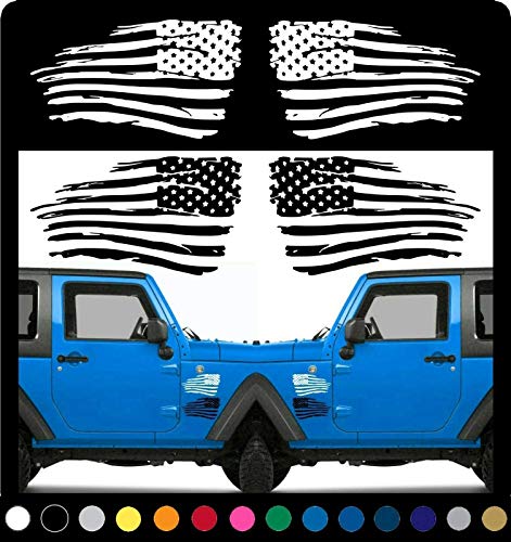 Tattered Distressed American Flag Decal Vinyl Sticker Set Of 2 Torn Ripped Usa Car Truck Suv Ripped Torn Us Flag Sticker - For Left And Right Side Fender Door Rear Window V1 #TOP5