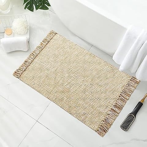 MitoVilla Boho Bathroom Small Rug 2'x3', Tan Cream Cotton Woven Throw Rugs for Living Room, Modern Farmhouse Washable Kitchen Rugs, Area Rugs Floor Mat with Tassel for Entryway, Hallways Cover