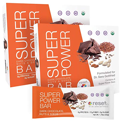 Reset360 Super Power Bar | Healthy Snack Bars, USDA Certified Organic Energy Bars, Plant Based Protein, Gluten & GMO Free Meal Replacement Bars | Dark Chocolate, Nuts and Seeds, 8 Bars per Box, 2 Pack