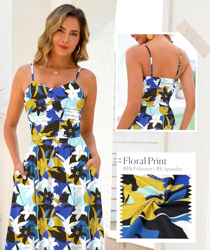 Image of Annebouti Women 2026 Summer Spring Ruched Maxi Dress Adjustable Spaghetti Strap Floral Beach Long Sundress with Pockets