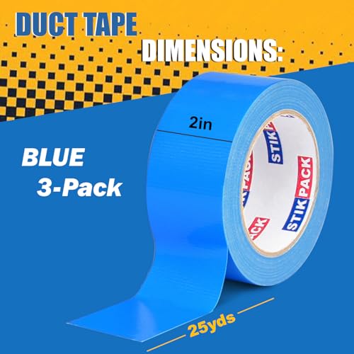 Image of 3 Rolls Blue Duct Tape, Heavy Duty Strong Industrial Colored Duct Tape 9mil x 2inch x 25yds Flexible, No Residue, Waterproof and Tear by Hand, Multi-Use for Indoor & Outdoor Repairs