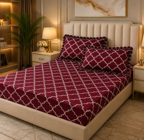 Image of Elastic Fitted King Size Bedsheet Cotton for Double Bed | 72 inchx78 inch +10 Inch, Floral, Soft & Breathable, Fade & Shrink Resistant, 2 Pillow Covers (Dark Maroon)