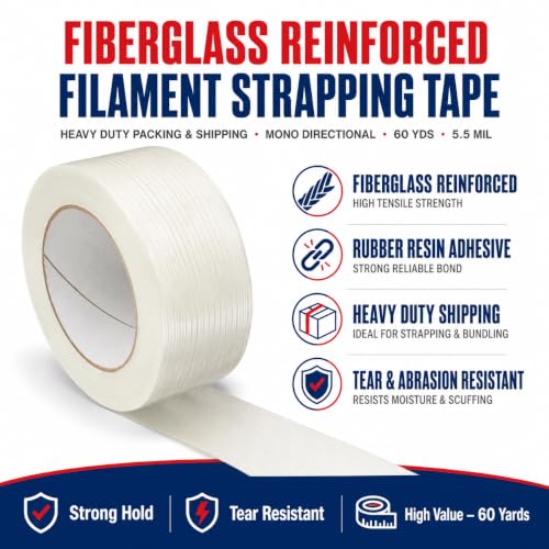 Image of GGR Supplies FIL-795 Fiberglass Reinforced Filament Strapping Tape - Heavy Duty Packing & Shipping Tape, Mono Directional, 3 /4 in x 60 yds. Pack of 48 (5.5 Mil)
