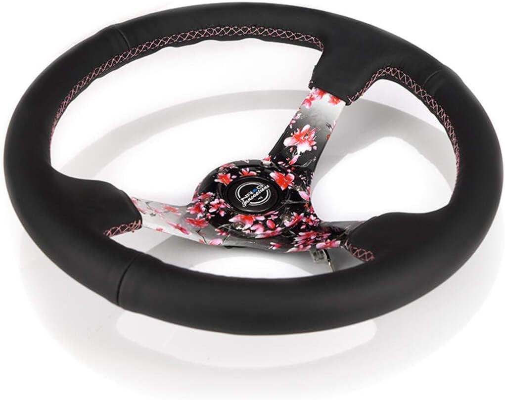 NRG Innovations NRG-RST-036SAK-R Reinforced Steering Wheel, Hydro Dipped Sakura Floral 3" Deep, 5mm Spoke, 350mm, Pink Suede with Black Baseball Stitching