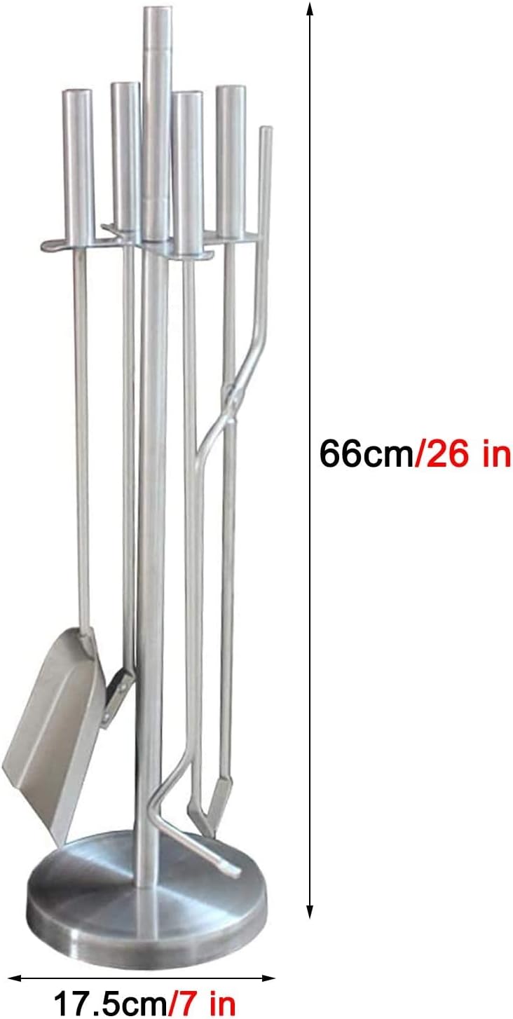 Modern 5-Piece Fireplace Companion Tool Set - Shovel, Broom, Tongs, Poker & Holder, Stainless Steel, Silver