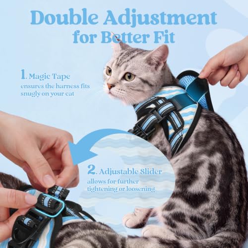Image of rabbitgoo Cat Harness and Leash Set, Step-in Soft Vest, Blue Wave | Escape Proof, Lightweight, Easy-on & Adjustable, Hook & Loop with Buckle, Reflective, for Kittens & Small Cats Walks, M