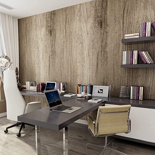 JSEVEM 60CM×9M Big Wide Thick Light Brown Grey Wood Wallpaper Peel and