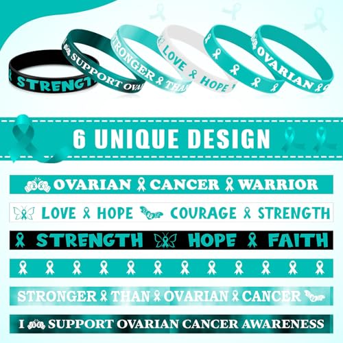 Image of Landical 300 Pcs Ovarian Cancer Awareness Silicone Bracelets Teal Ribbon Motivational Rubber Wristbands Colored Ovarian Cancer Awareness Wristbands for Event Support Charity Supplies Favor