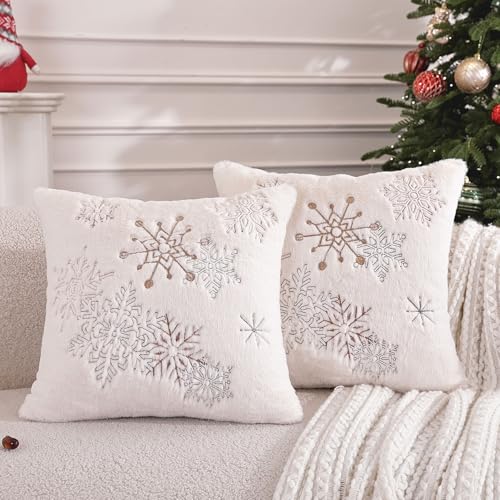 Hittun Christmas Throw Pillow Covers 18x18 Set of 2,Soft Plush Faux Fur Christmas Pillows Covers Embroidery Decorative Throw Pillows for Couch Bedroom Holiday Festivals Winter Home Decor