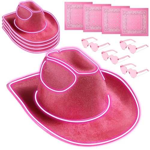 Jeere 12 Pcs Cowboy Light up Hat Set Include 4 LED Holographic Cowgirl Hats 4 Paisley Bandanas 4 Heart Sunglasses for Wedding(Pink)