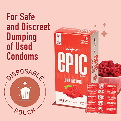 Image of Manforce Epic Pleasure Raspberry Flavoured Condoms for Men - 10 Count (Pack of 2)| Long Lasting| Vegan| No Harsh Chemicals| With Disposable Pouch