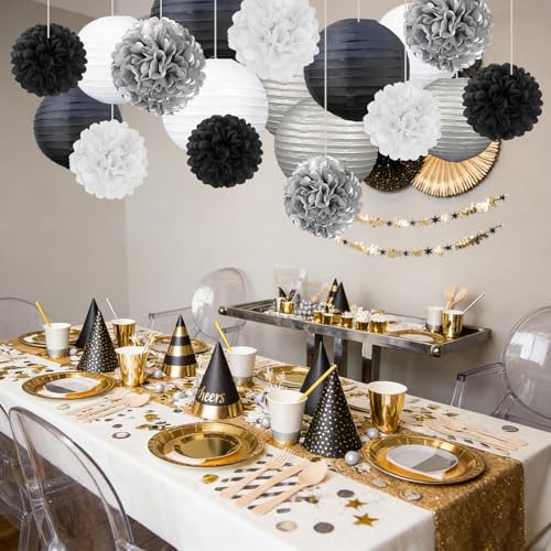 Image of 18 PCS Black White Silver Paper Lanterns & Tissue Paper Pom Poms for Men's Birthday, Graduation 2026, Wedding, Hanging Paper Decor for Indoor Outdoor Events Theme Party Supplies