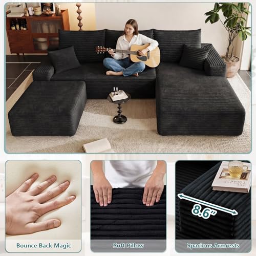Image of 95 inch U-Shape Cloud Couch, Modern Modular Sectional L-Shape Sofa with Ottoman, Corduroy Upholstered Couches Deep Seat Sleeper Chaise Longue for Living Room, No Assembly Required(Black, Right Facing)