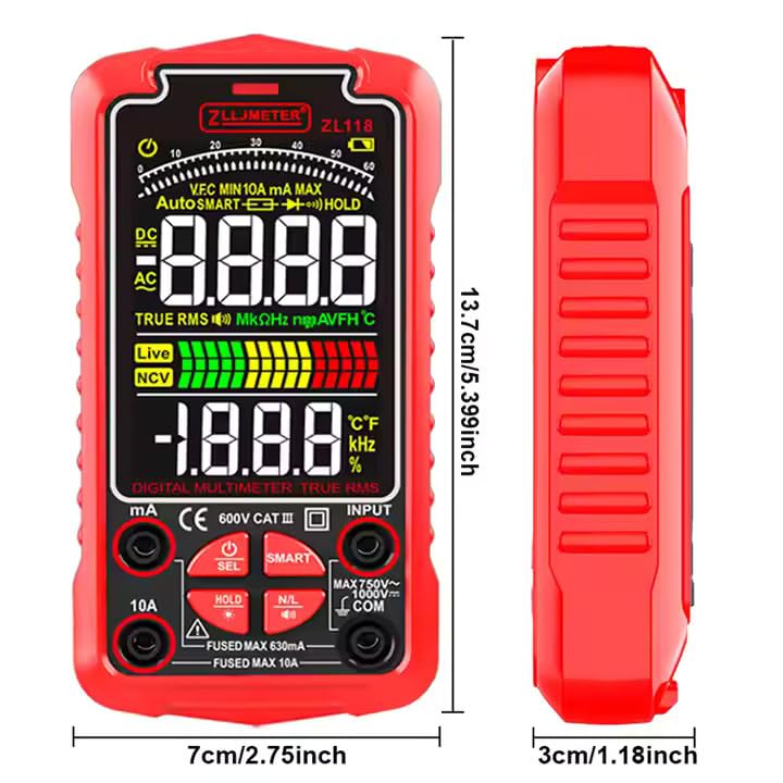 Diagram showing the dimensions of the ZLLJMETER ZL118 multimeter: 13.7 cm / 5.399 inches in length, 7 cm / 2.75 inches in width, and 3 cm / 1.18 inches in thickness.