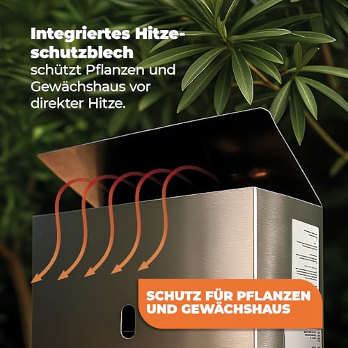 Bio Green Gas-gewächshausheizung EcoPilot, 4500 Watt, Silber, Thermostat-Regelbereich: 0° – 20° C, Edelstahl, Outdoor, Gas, 38x17x40 cm, für Gewächshäuser bis 22m², Bodenmontage