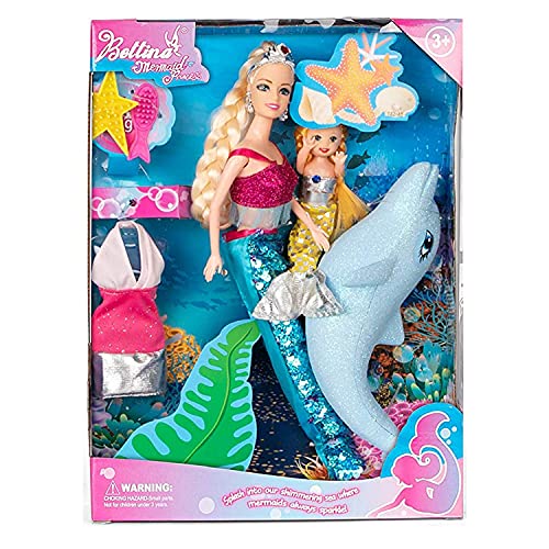 Mermaid Princess Doll Playset, Color Changing Mermaid Tail by Reversing Squins, 12" Fashion Dress Doll with 3" Little Mermaid Dolphin and Accessories, Mermaid Gift for Girls