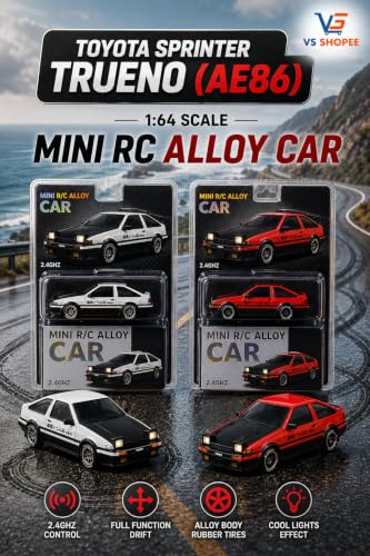 Image of Mini R /C Alloy Drift Car 1:64 Scale - 2.4GHz 4WD RC Racing Desk Toy with LED Lights & Cruise Control Feature (Kids & Collectors Edition) (Toyota Sprinter Trueno (AE86) Liftback)