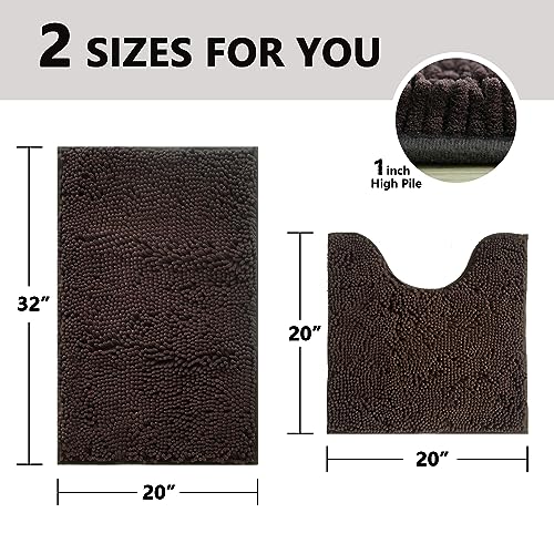Image of BOANKODU Bathroom Mat Sets 2 Piece, Absorbent Non-Slip Very Soft Chenille Mat, 32x20 Inch + 20x20 Inch U Shape, Machine Washable (Coffee)
